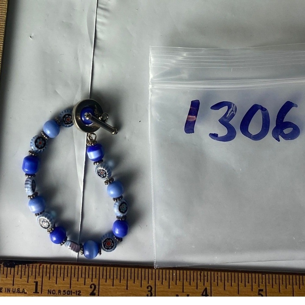 Blue Beaded Bracelet with Toggle Clasp and‎ Charm